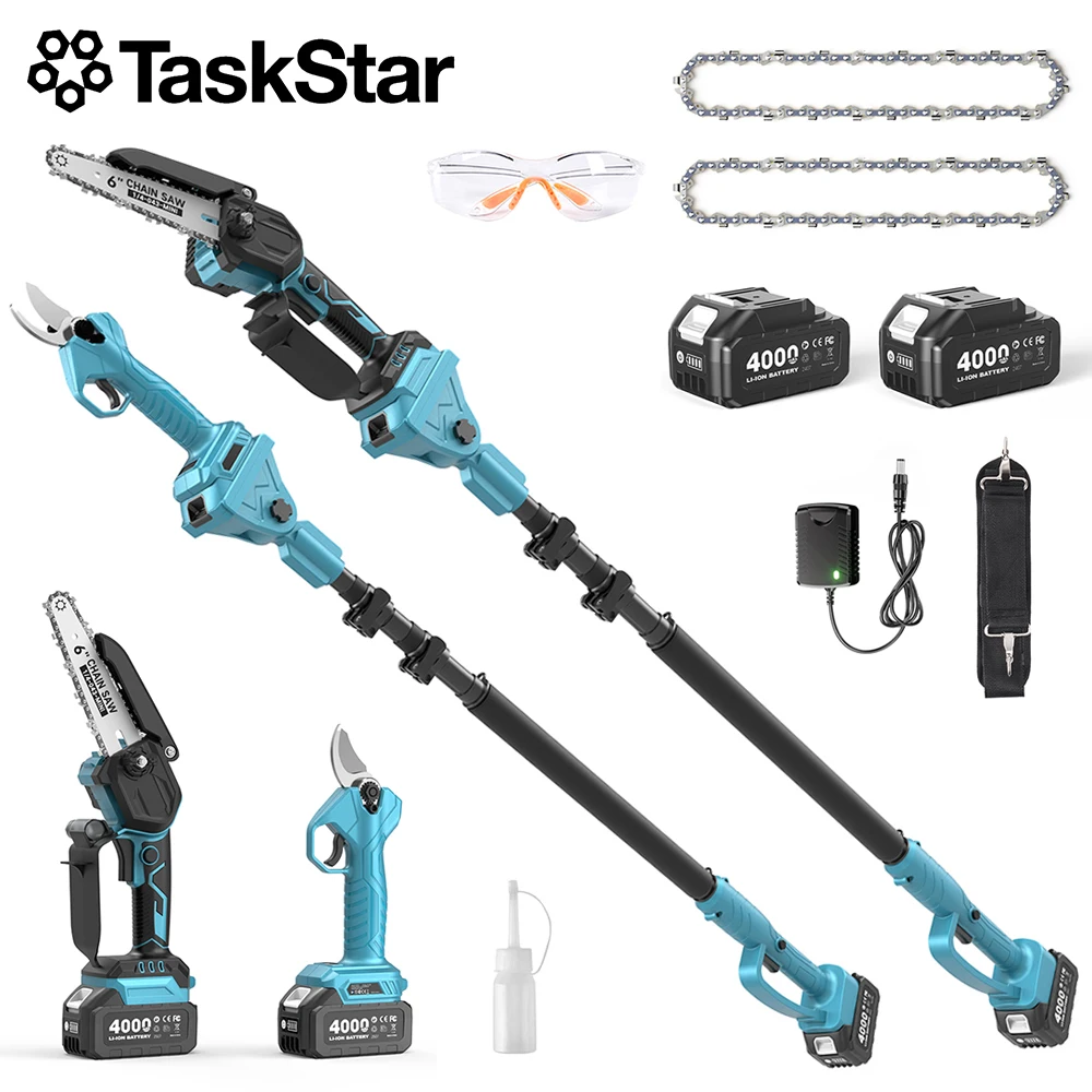 TaskStar 3-in-1 Electric Pruning Shears Cordless Pole Saw 15 Ft Max Reach 6 Inch Brushless Chain Saw 30MM High Branch Pruner for Tree Trimming Wood Cutting