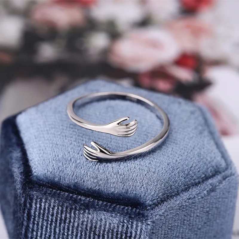 RYJU 925 Sterling Silver Simple Love Hug Open Ring For Women Cute Hands Embracing Adjustable Rings Party Couple Jewelry