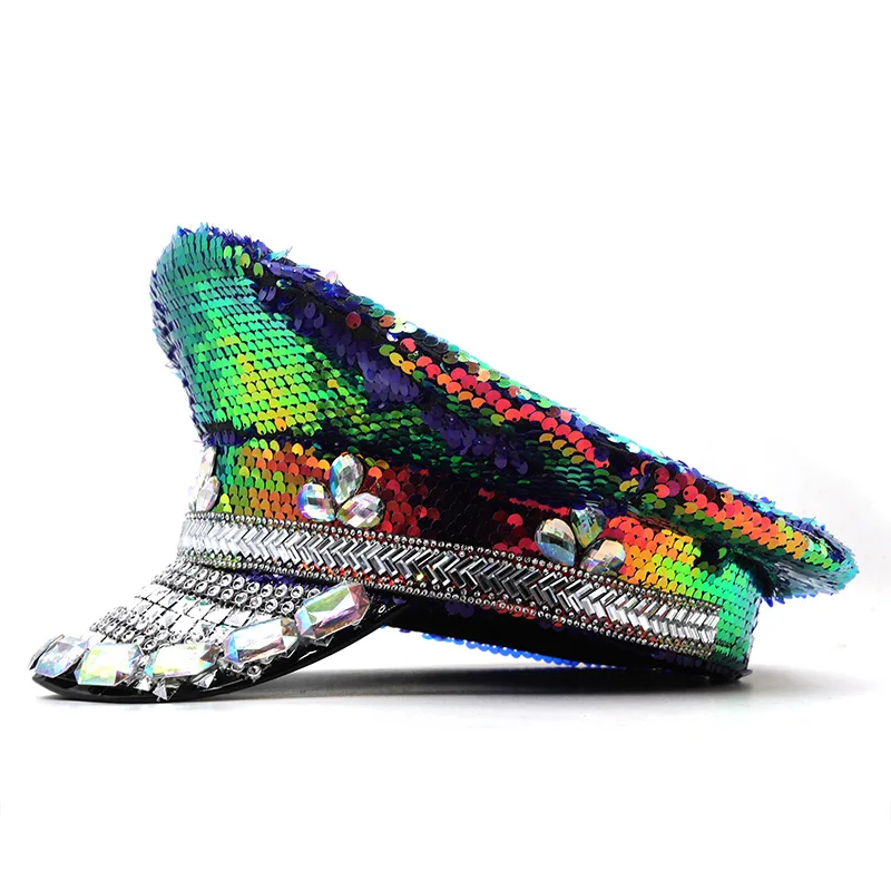 Luxe kleurrijke pailletten decoratieve bruiloft hoed voor vrouwen fotografie hoed pet platte hoge hoed prestaties hip hop hoed