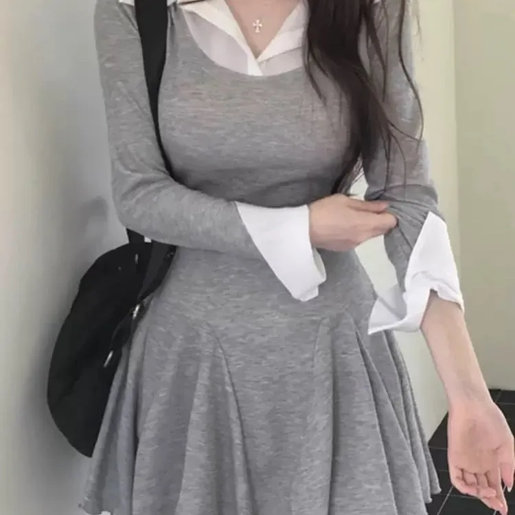 Dongda Gate nouveauté Ele col femme taille cintrée faux deux pièces Dr confortable respirant tricoté ort S...