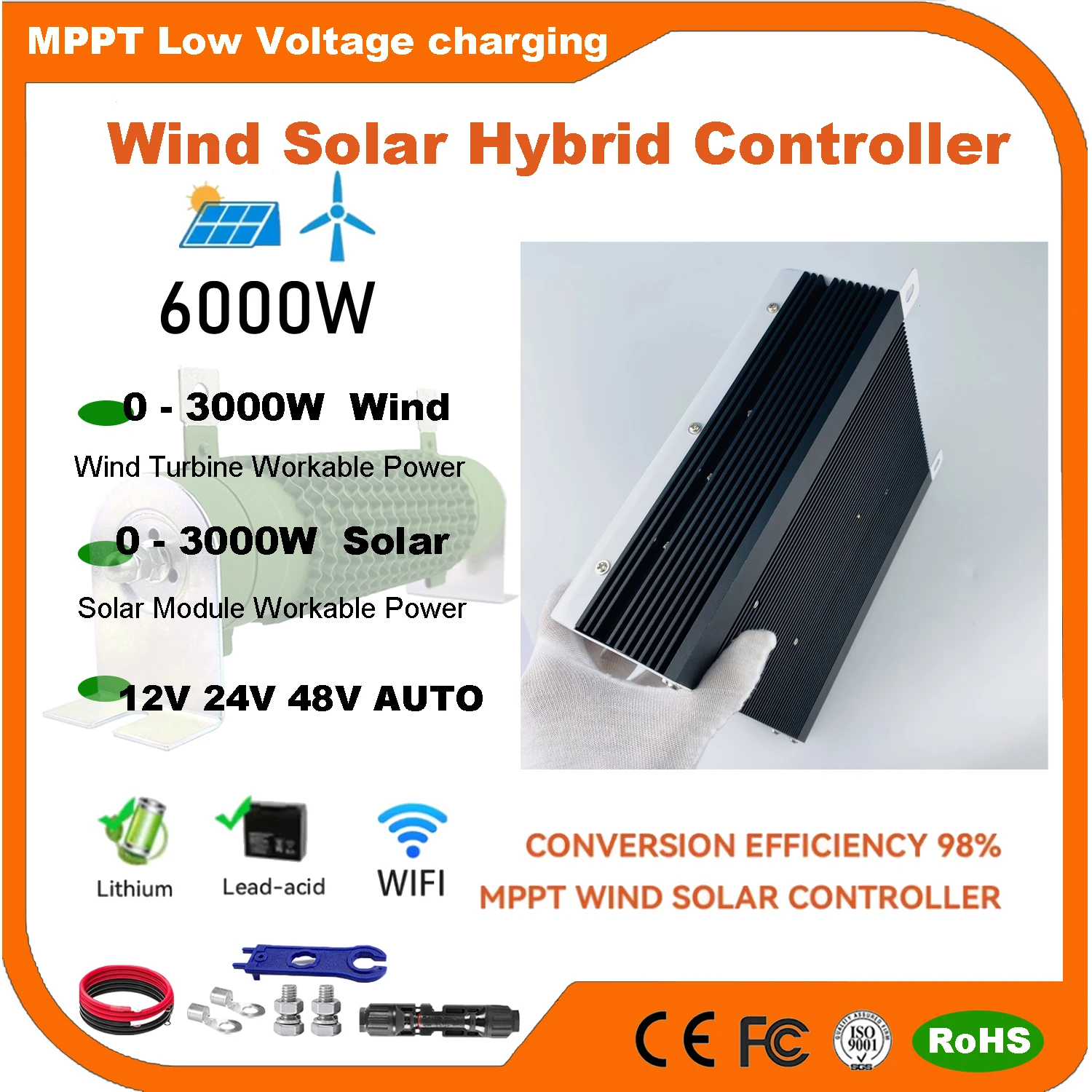

3000W 4KW 12 24 48V MPPT Hybrid Charge Controller Wind Generator Solar Panel Charger LCD Display Dump Load For Household Systems