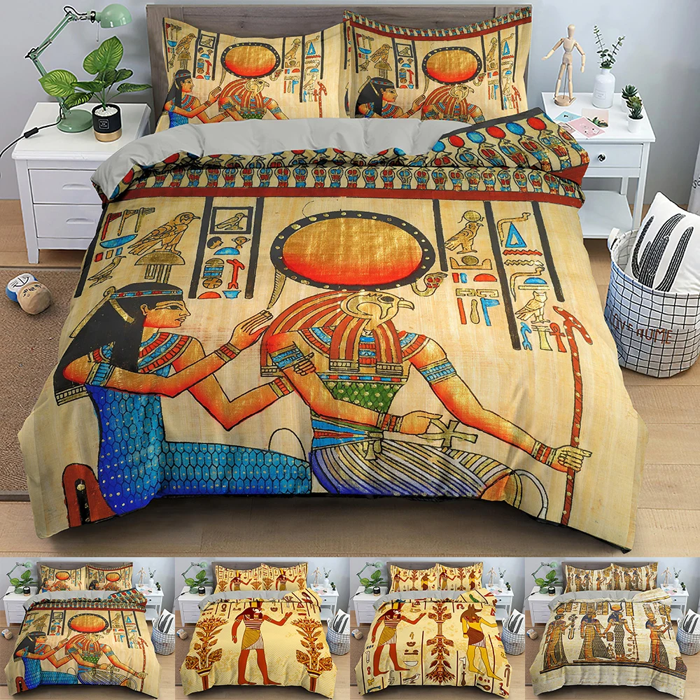 

Egyptian Print Duvet Cover Set,3D Ancient Egypt Tribe Decor Comforter Cover Set For Adult Women Boy Bedroom Home Decor King Size