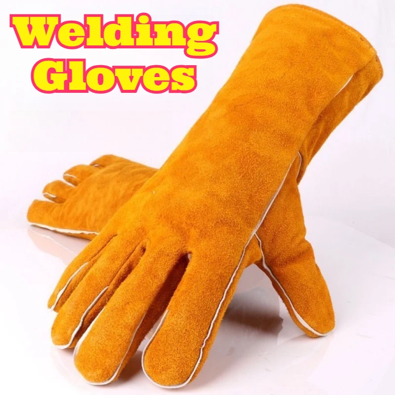 Long Full Leather Welding Gloves Heat Resistant Flame Resistant Thickened Wear Resistant Heat Insulation Work Gloves Industrial