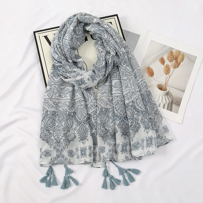 Temperament Women Tassels Scarf Imitation Silk Fashion Ethnic style printing Neckerchief Newest Vacation Sunscreen Shawl