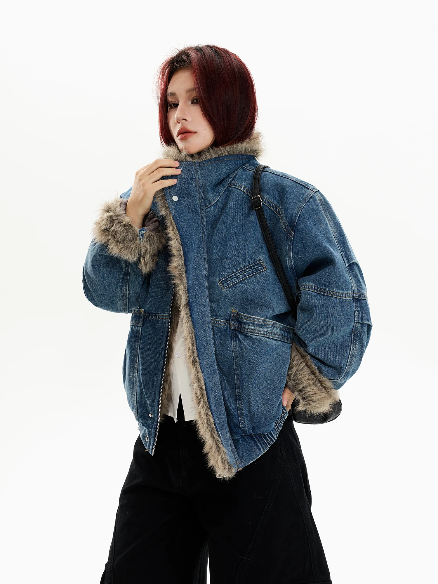 

Damon Island Winter Thiened Denim Jaet with Fur Collar Women's Sle Mountain Eagle Cotton Clothes Trendy Commute Sle