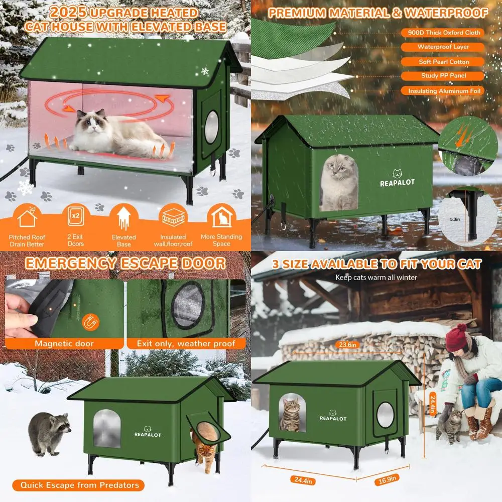 

Зимнее изолированное укрытие для кошек на открытом воздухе с грелками для нескольких кошек (зеленый, L)