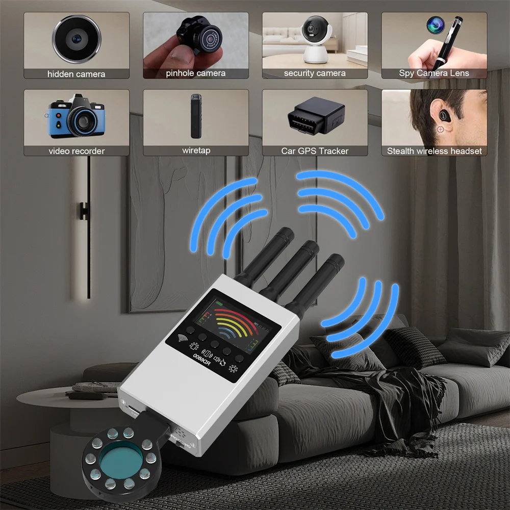 Nuevo Buscador de dispositivos de lente inalámbrico con cámara antiespía multifunción, buscador de insectos de Audio GSM de 1MHz-8000GHz, detección de rastreador RF de señal GPS