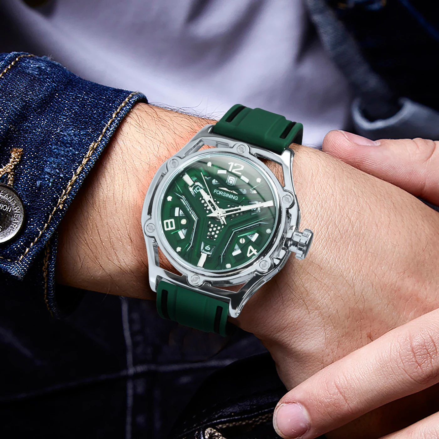 Forsining Sports Mechanical Watches Fashion Calendar Hollow Out Green Dial Automatic Mens Watch Luminous Hand Rubber Strap 2024