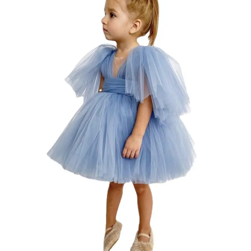 Robes de demoiselle d'honneur bouffantes avec manches bouffantes, tenue de tutu à col en V pour enfants, robe de fête d'anniversaire de mariage