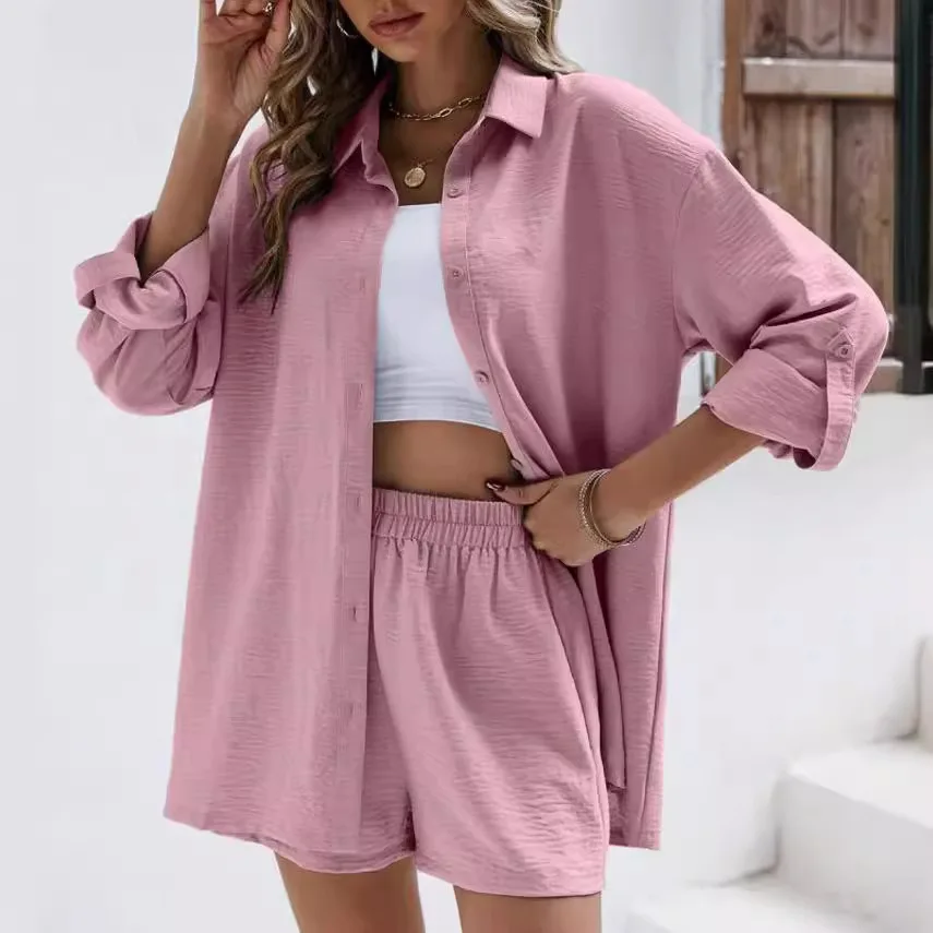 Long-sleeved shirt + elastic high-waisted shorts suit women's spring solid color lapel fashion casual 2-piece suit