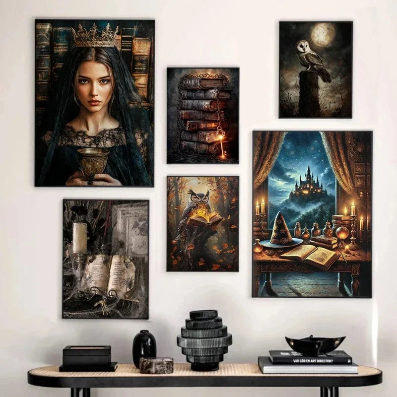 Dark Academy Fantasy Art Magic Castle Black Cat Witch Owl Magic Book Poster Canvas Paintings Wall Art Pictures Home Decor