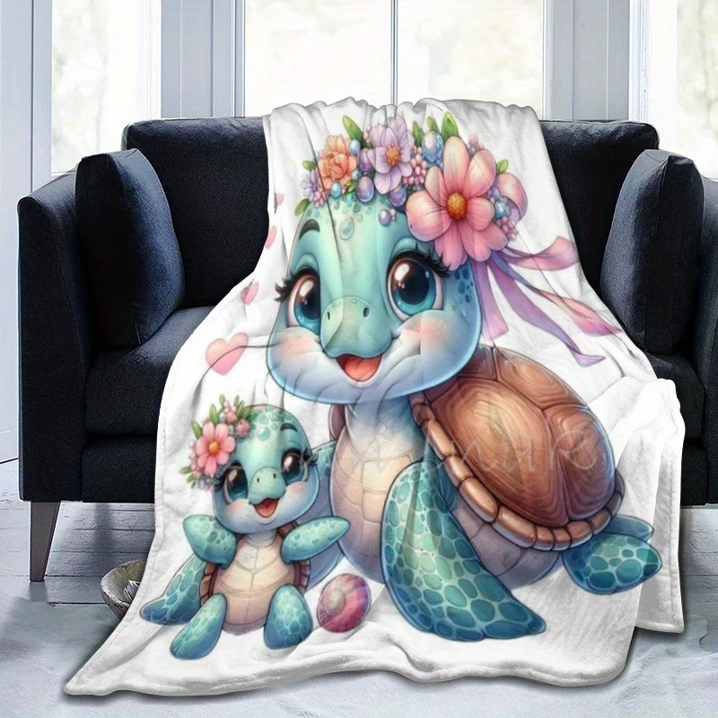 1pc Cute Little Turtle Digital Fleece Blanket - Soft & Warm All-Season Throw with Adorable Turtle & Floral Design, Pastel Colors