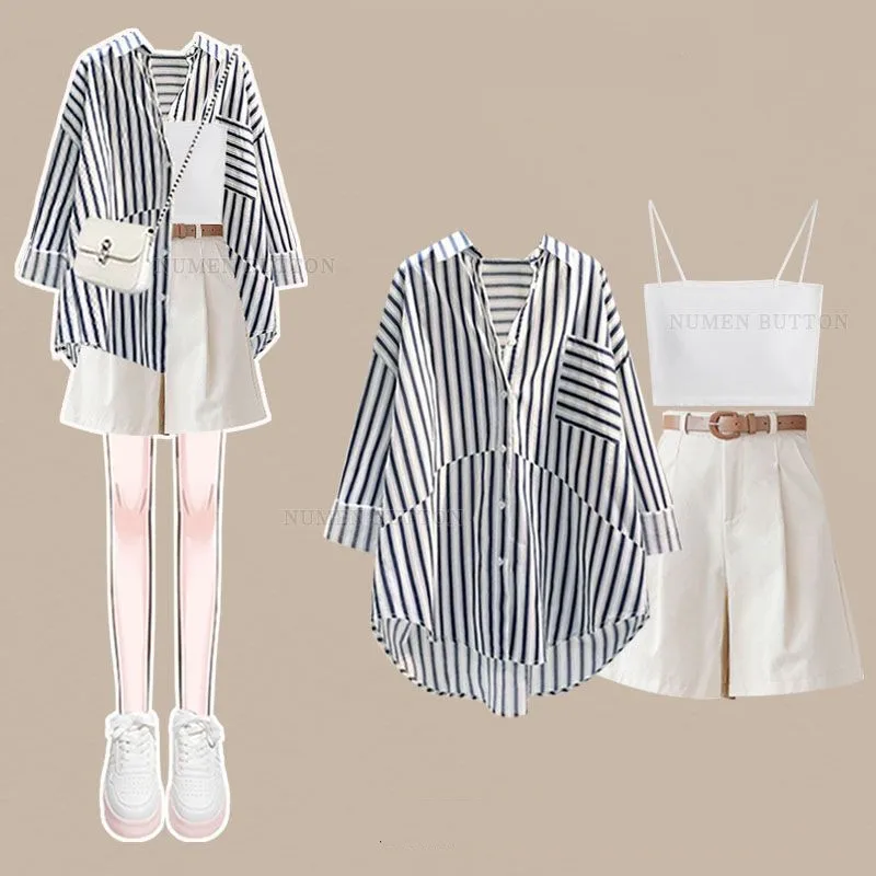 

Women 2025 Summer New Casual Striped Shirt+White Sling+Shorts 3-Piece Suit Korean Elegant Sunscreen Cardigan Pants Matching Set