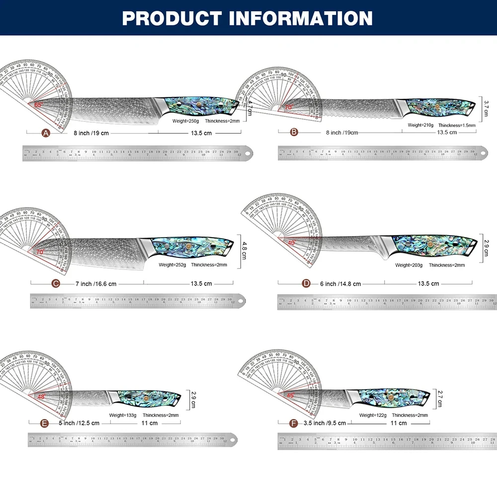 XITUO High-Carbon Damascus Steel Knife Set 1-6pcs Exquisite Abalone Shell Handle Chef Santoku, and Bread Knife Set Cooking Gift
