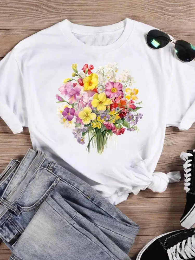 

Short Sleeve T-shirts Women Cartoon Shirt Clothing Fashion Female Lovely Flower Style Trend 90s Print T Top Graphic Tee