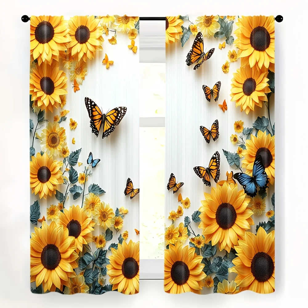 Yellow Sunflower Butterfly Floral Curtains Polyester Decorative Window Drapes Botanical Summer Cottage Style Light Filtering Roo