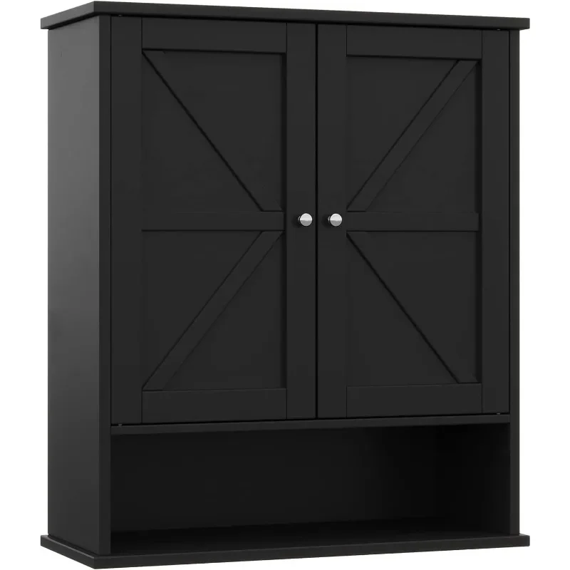 

Two Door Wall Cabinet, Wooden Medicine Cabinet, Wall Mounted Bathroom Storage Cabinet with Inner Adjustable Shelf, for Bathroom