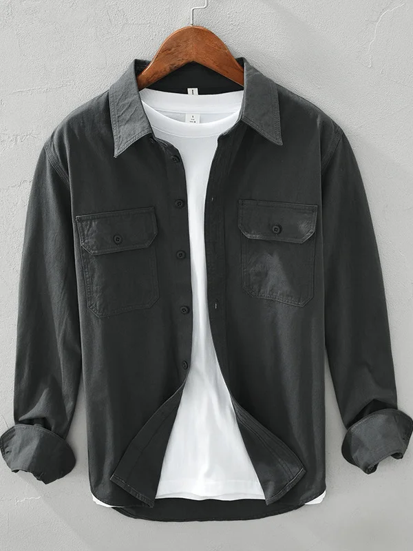 

Loose Fit Men's Long Sve Cotton irt Casual Sle Multi ket Workwear Jaet Trendy Bla Pure Cotton Faion Urban