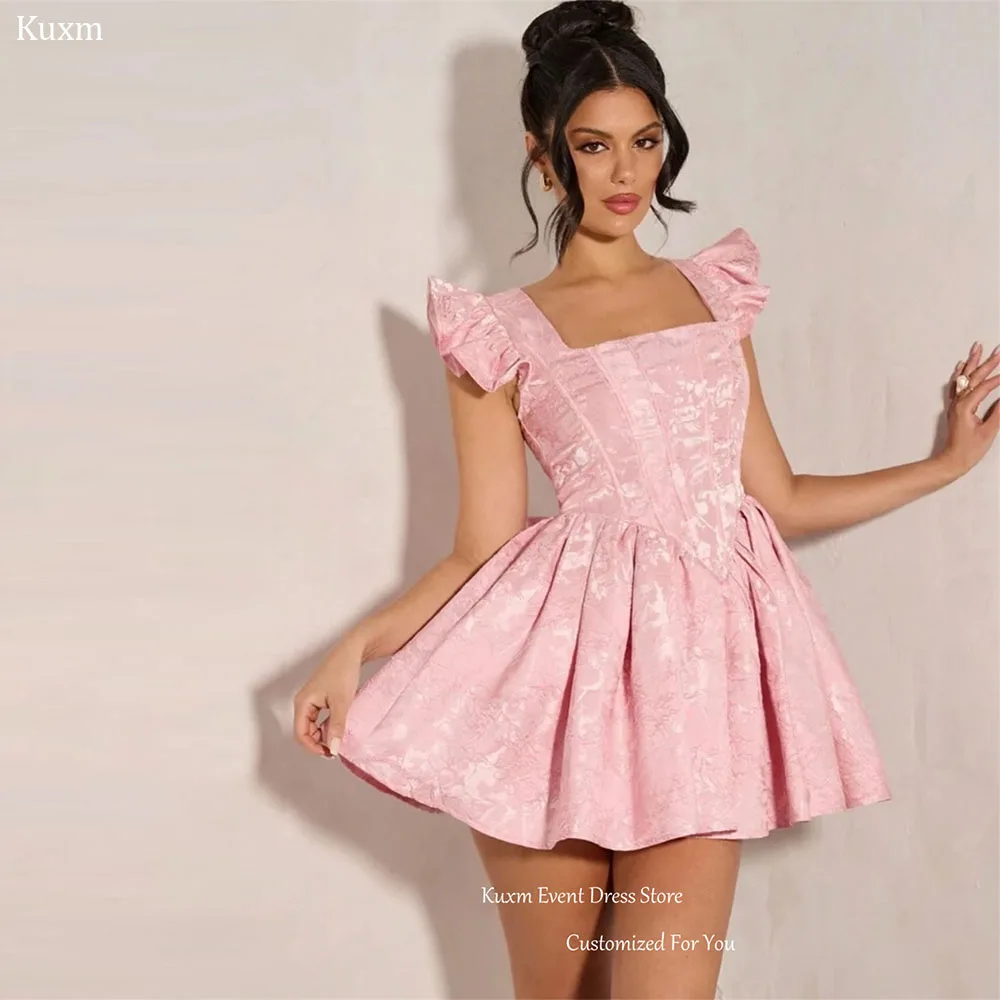 

Kuxm Pink Bow Mini Women's Prom Dresses Square Neck Short Sleeve Vestidos De Nnoiva Backless Satin Robes De Soirée Customized