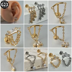 Dreamlee G23 Solid Titanium Chain Dangling Rook Helix Stud Inner Screw Flat Back Tragus Cartilage Earring Lobe Labret Piercing