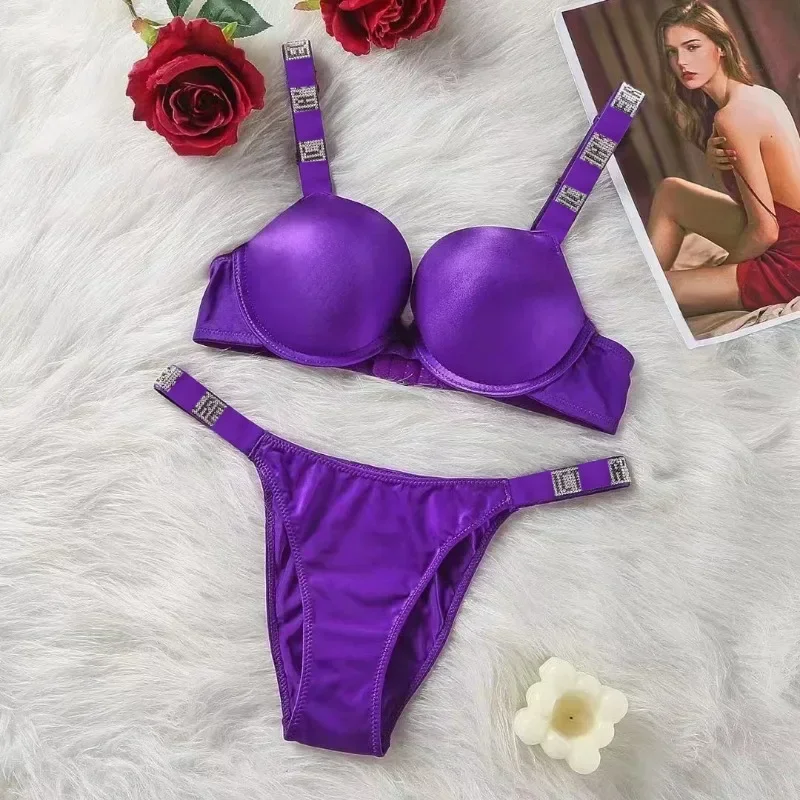 Sexy rhinestone lingerie set for women, 2-piece push up bra and underwear set, plus size close fitting pajamas wholesale free de