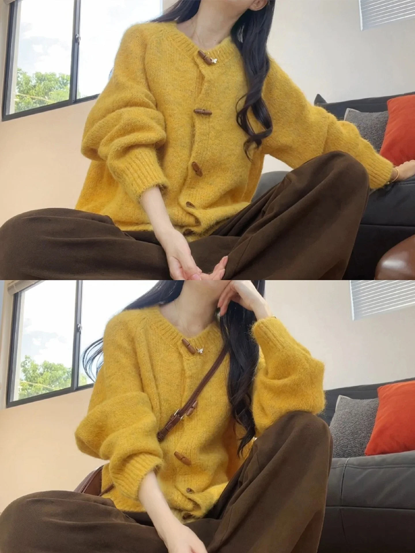 

Женский мягкий вязаный желтый кардиган на пуговицах, свитер на осень, ранний сезон, корейский свободный крой, длинный круглый топ свека Ne