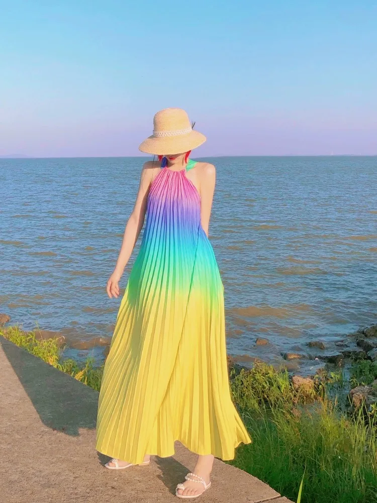 Handing Neck Sundress Lady Rainbow Colorful Pleated Dresses Vacation Holiday Beach Vestidos Hit Color Gradient Trendy Y2K Dress