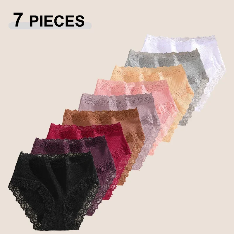 7Pcs/Set Sexy Lace Trim Cotton Panties For Women Seamless Patchwork Lace Underpants Soft Breathable Briefs High Waist Intimates