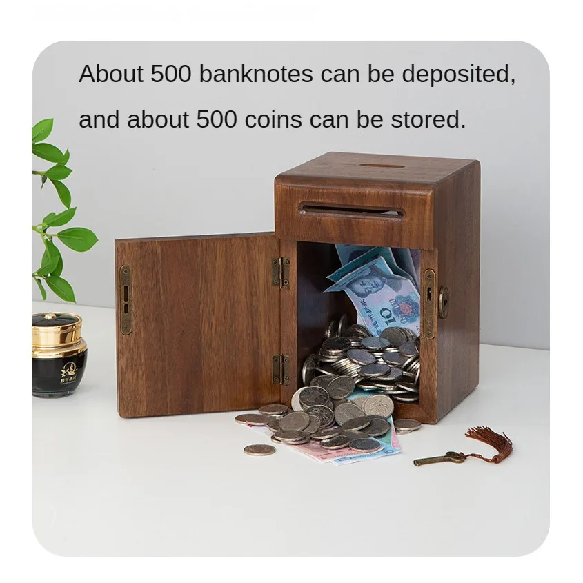 Solid wood piggy bank, Can store and retrieve coins Storage tank, birthday gift Wooden lockable money storage box