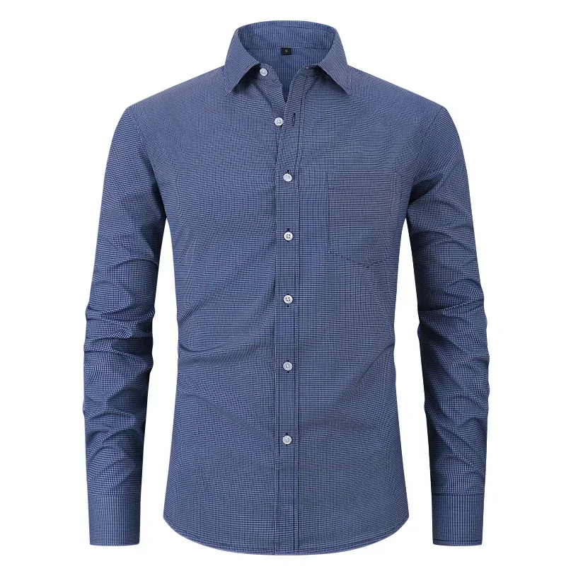 2024 Lente Heren Sociale Shirts Lange Mouwen Voor Mannen Casual Slank Non Lron Formeel Elegant Geruit Overhemd Blouses Tops Man Kleding