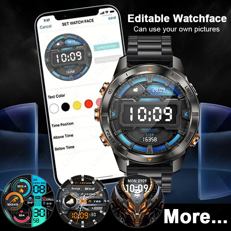 LIGE العسكرية ساعة ذكية الرجال 3ATM مقاوم للماء 1.46 "AMOLED شاشة مصباح ليد جيب 515mAh بطارية معدل ضربات القلب BT دعوة Smartwatch