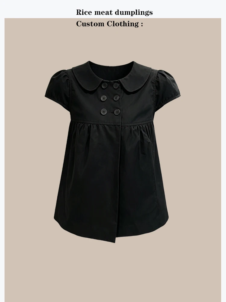 

Korean Style Loose Fit Short Sleeve Doll Shirt Cotton Bubble Sleeve Baby Doll Neck Top Double Button A-Line Hem Summer
