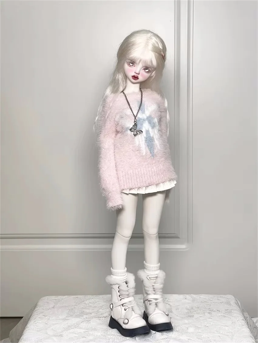 

Обувь для куклы BJD, элегантные мягкие ботильоны с круглым носком 1/4 и толстой подошвой, подарки до середины икры, белый, черный ремешок, пушистые аксессуары для кукол