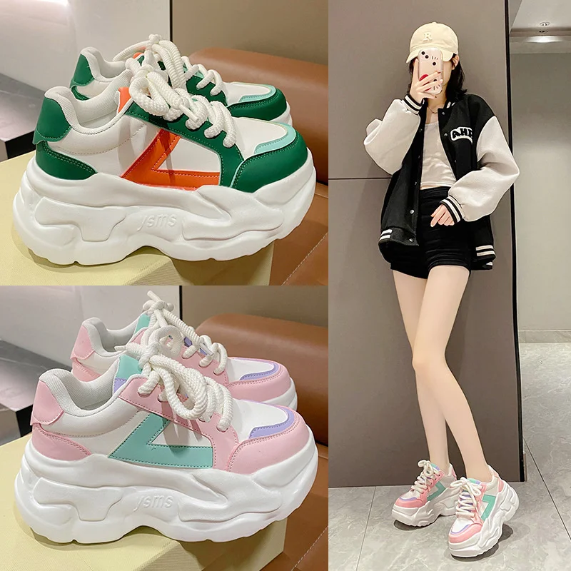 

Women New Autumn Fashion Hidden Heels Sports Dad Shoes Spring Platform Leather Sneakers