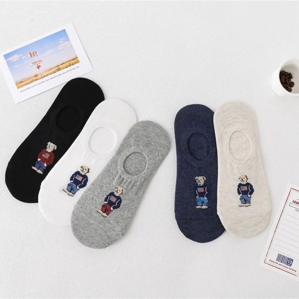 Fashion Men\'s Boat Socks Cartoon Bear Summer Autumn Non-slip Invisible Silicone Cotton Ankle Slippers Socks Retro