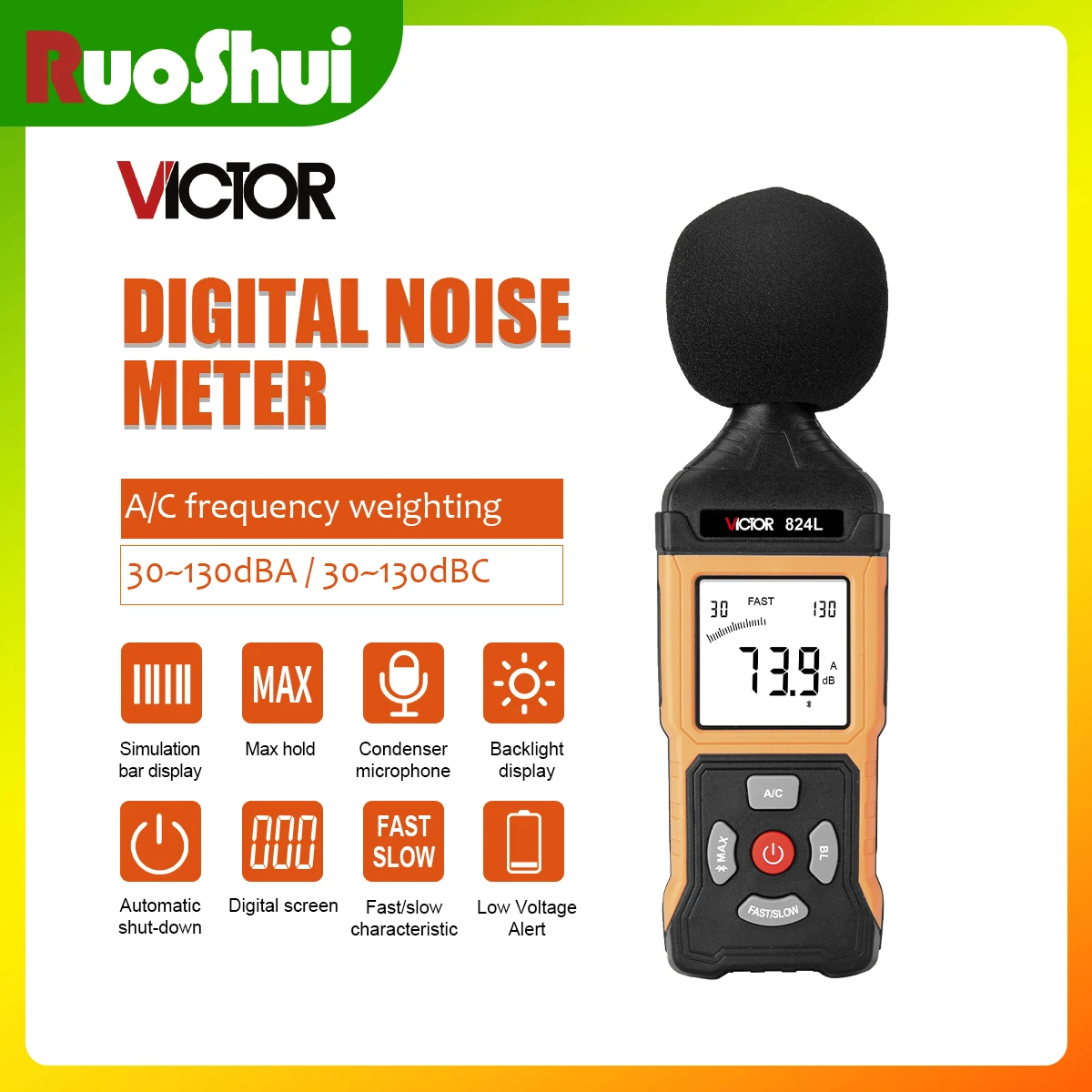 VICTOR 824L Sound Level Meter Best Sell , with Bluetooth 30-130dB Range, Data Logging, Type-C Charging for Noise Monitoring