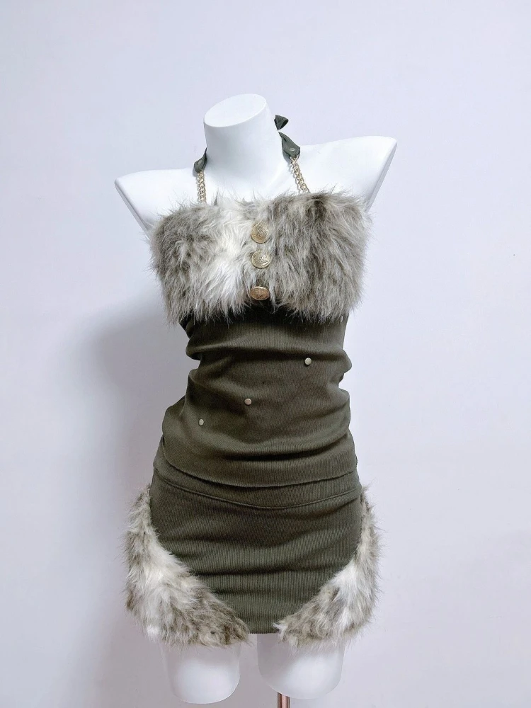 

2026 Vintage Y2K Sexy 2 Piece Set Women Fur Patchwork Halter Crop Top + Mini Skirt New Retro Streetwear Hot Chick Outfit Summer