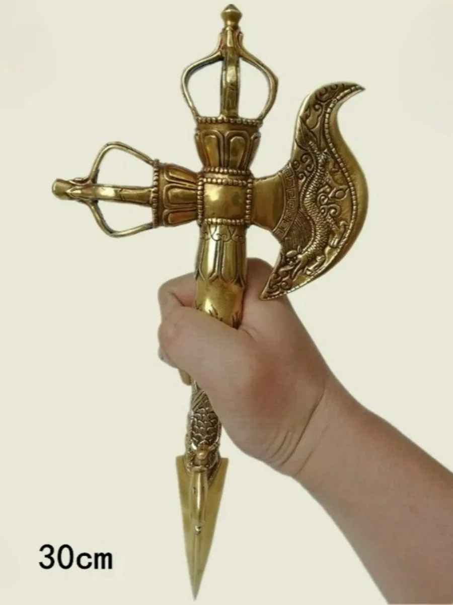 Antique Vajra Pestle Handicraft Axe Statue Buddhist Feng Shui Ornament Brass Buddha Utensil Home Decor Art Collection Sculpture