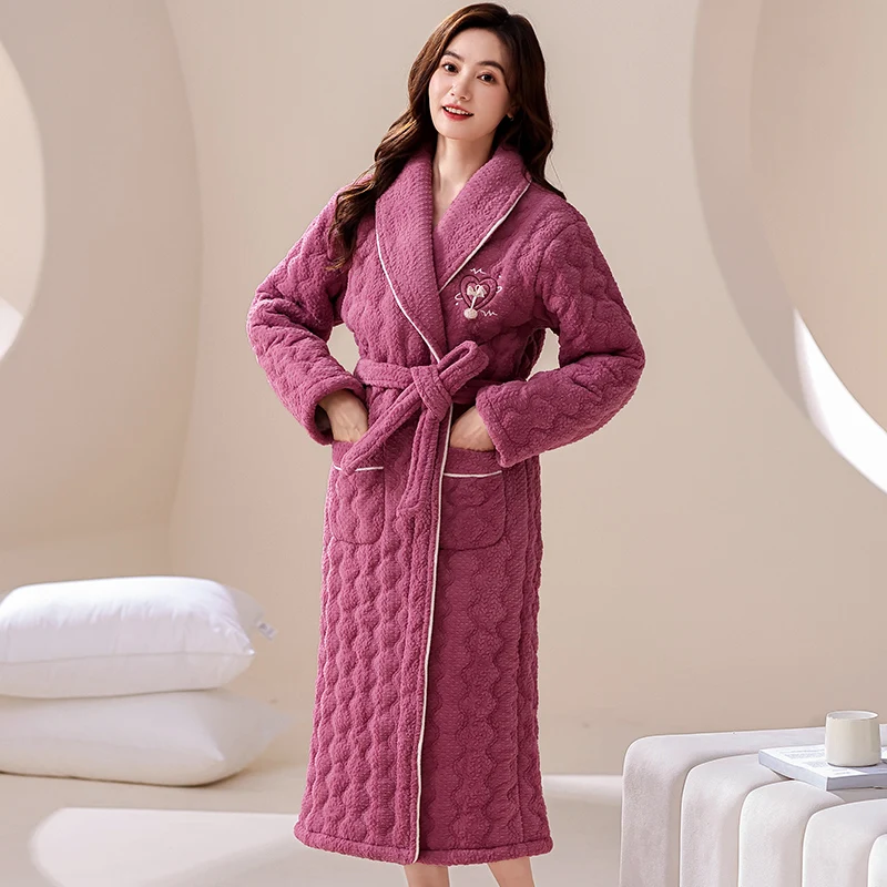 

Winter thickened women's robe with plush embossed design inside warm and loose fitting women's pajama robe