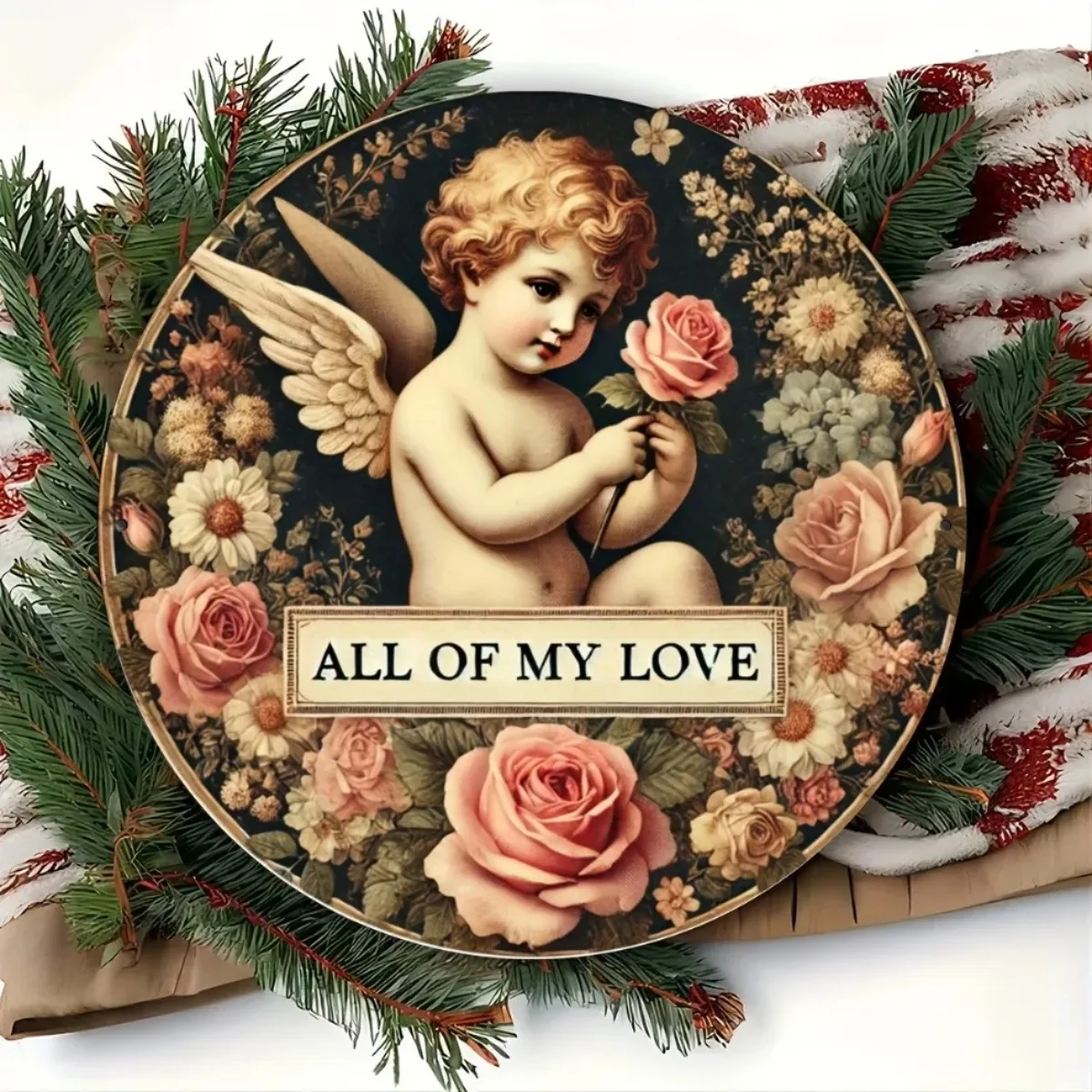 لافتة معدنية عتيقة الملاك (قطعة واحدة) | تصميم رومانسي ثنائي الأبعاد باللون الكحلي والذهبي | فن جداري قابل لإعادة الاستخدام | ديكور ساحر للمنزل #1