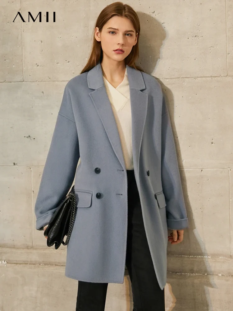 Amii Minimalism100% Woolen Coat For Women Winter Warm Elegant Double Side Blends Jackets Office Lady Blazer Over Coats 12020475
