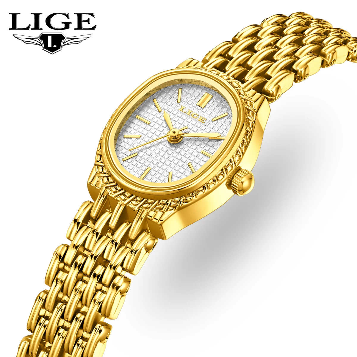 LIGE Women Quartz Watches Gold Stainless Steel Strap Luxury Elliptical Wristwatch Waterproof Simple Retro Dress Watch For Women
