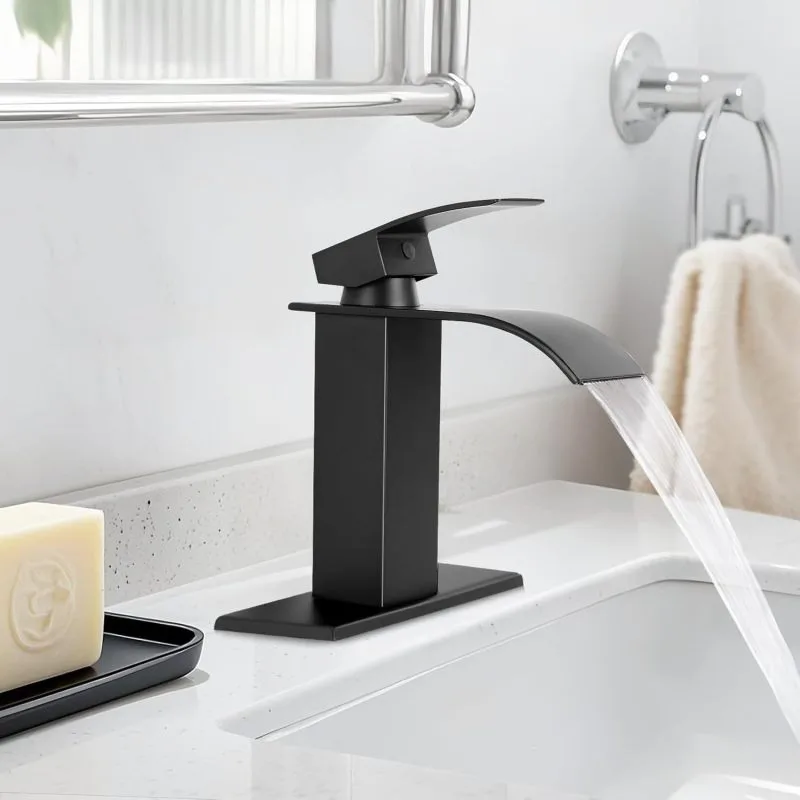 

Black Waterfall Bathroom Faucet With Single Handle For Bathroom Sink With Pop Up Drain Deck Mounted Faucet Cupc Supply Line