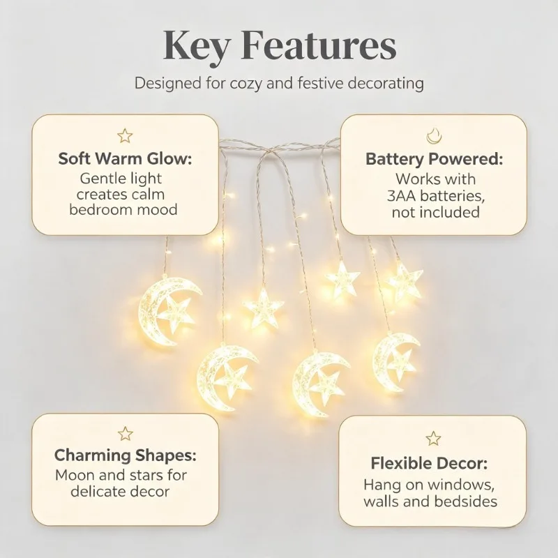 Battery Operated LED Star Moon String Lights for Ramadan Eid Party Bedroom Home Decorations
