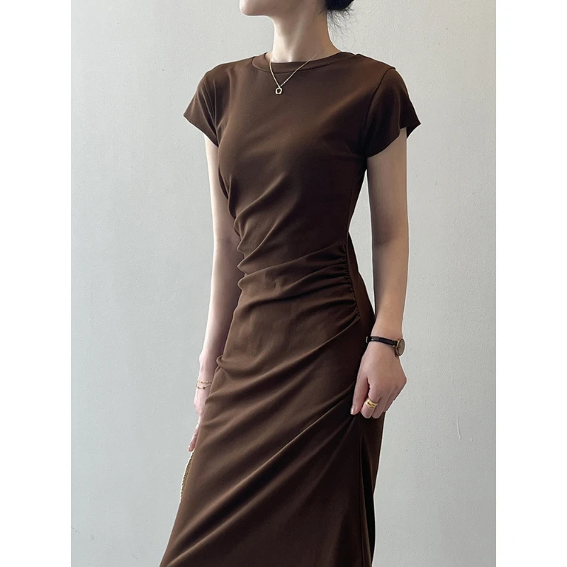 

Summer Bodycon Dress Female Casual Pleated Slim Short Sleeve O-Neck Dress T Shirts Korea Chic Vintage Lady Dress