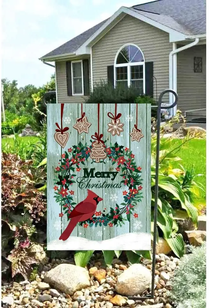 

Merry Christmas Wreath Yard Flag Double Sided Decorative Cardinals Winter Garden Flag Banner for Outside House Yard Home Decorat