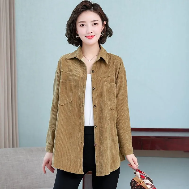 

20224Spring New Jackets Female Top Loose Cotton Corduroy Coat Women's Mid-Length Shirt Lapel Blouse Simple Ladies Outerwear Tops