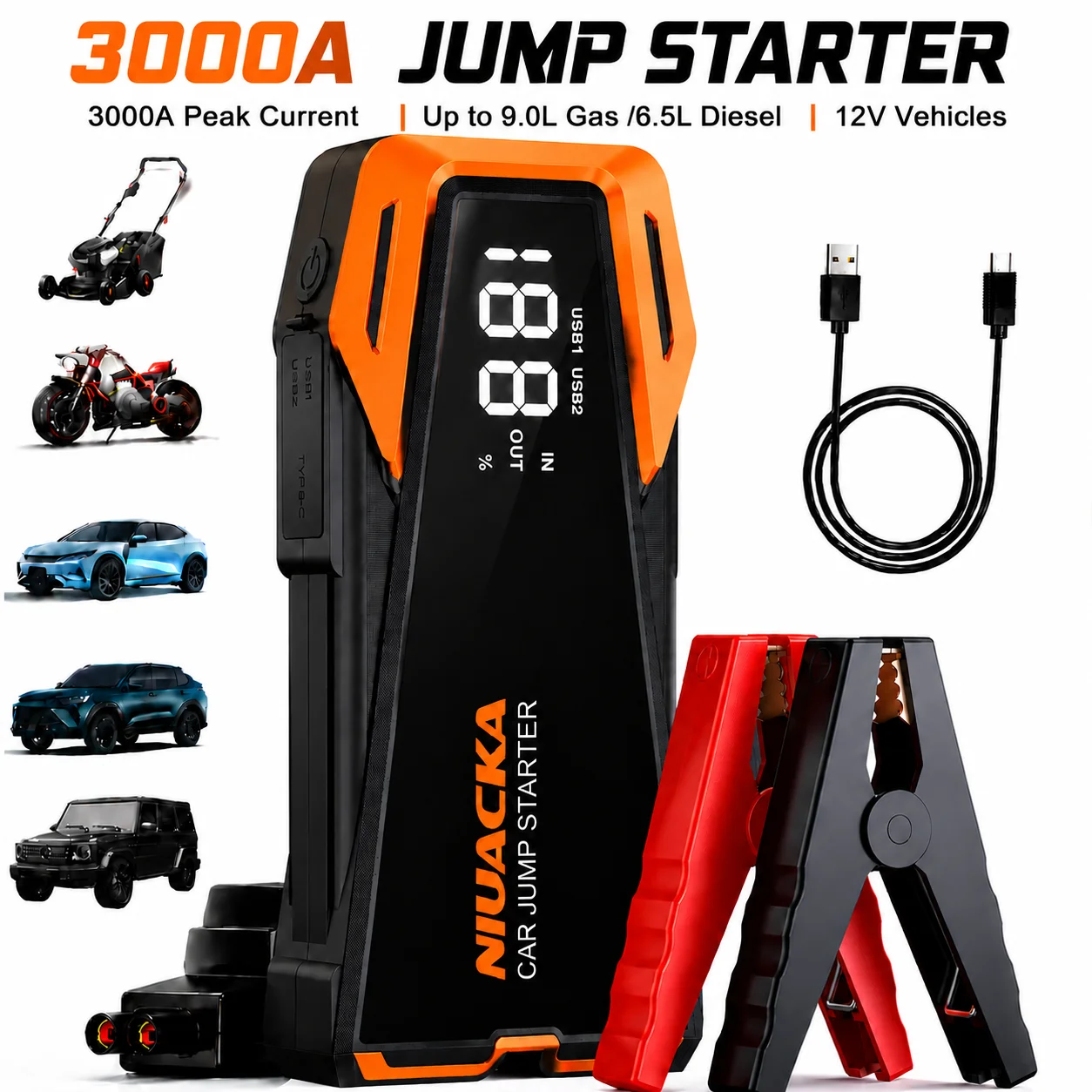 NJUACKA 3000A Car Jump Starter 12V Portable Battery Booster Pack with Power Bank, LED Flashlight, SOS Warning Light, USB Charging, Emergency Auto Safety Tool for Cars, SUVs, Trucks, Camping, Road Trips, Roadside Assistance and Vehicle Breakdowns