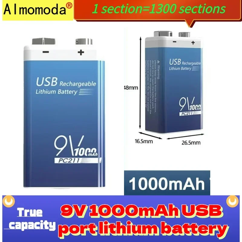 

2024 1300 cycles High capacity 9V1000mAh rechargeable lithium battery 6F22 multimeter alarm square battery wholesale and retai l