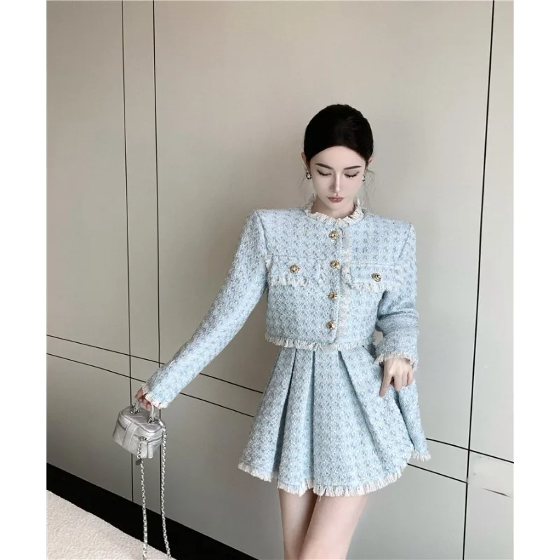 Insozkdg French Temperament Autumn Winter Outfit Complete Sets Women Professional Chic Short Jacket + Pleated Midi Skirt Suits